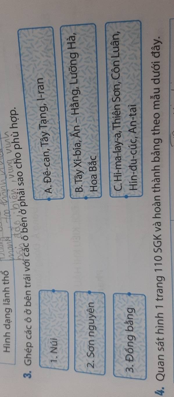Hình dạng lãnh thổ
3. Ghép các ô ở bên trái với các ô bên ở phải sao cho phù hợp.
A. Đê-can, Tây Tạng, I-ran
1. Núi
B. Tây Xi-bia, Ấn - Hằng, Lưỡng Hà,
2. Sơn nguyên Hoa Bắc
C. Hi-ma-lay-a, Thiên Sơn, Côn Luân,
3. Đồng bằng
Hin-đu-cúc, An-tai
4. Quan sát hình 1 trang 110 SGK và hoàn thành bảng theo mẫu dưới đây.