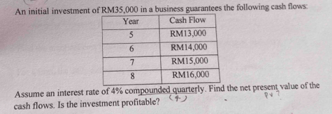 An initial investment of RM35,000 in a business guarantees the following cash flows: 
Assume an interest rate of 4% compounded quarterly. Find the net present value of the 
cash flows. Is the investment profitable?