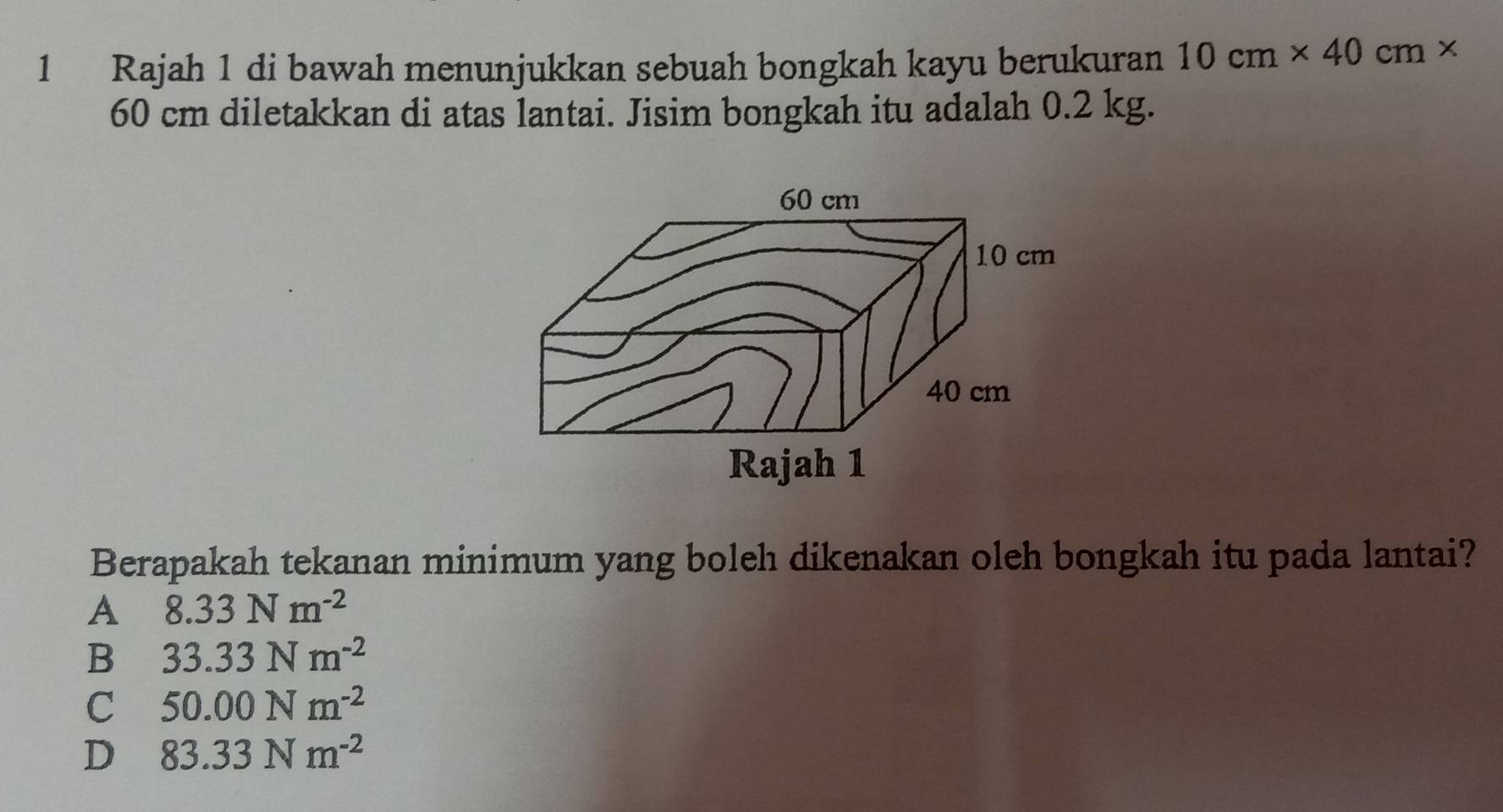 Rajah 1 di bawah menunjukkan sebuah bongkah kayu berukuran 10cm* 40cm*
60 cm diletakkan di atas lantai. Jisim bongkah itu adalah 0.2 kg.
Berapakah tekanan minimum yang boleh dikenakan oleh bongkah itu pada lantai?
A 8.33Nm^(-2)
B 33.33Nm^(-2)
C 50.00Nm^(-2)
D 83.33Nm^(-2)