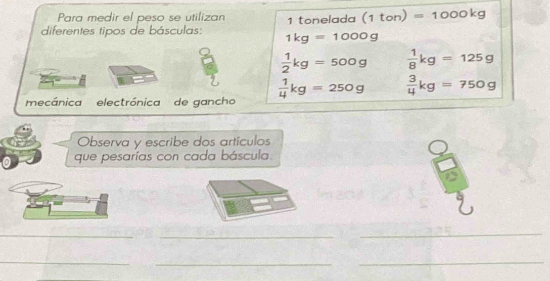 Para medir el peso se utilizan (1ton)=1000kg
1 tonelada 
diferentes tipos de básculas:
1kg=1000g
 1/2 kg=500g  1/8 kg=125g
 1/4 kg=250g  3/4 kg=750g
mecánica electrónica de gancho 
Observa y escribe dos artículos 
0 
que pesarías con cada báscula. 
_ 
_ 
_ 
_ 
_ 
_