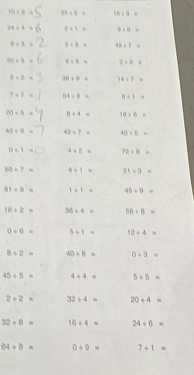 10/ 8= 38/ 8= 18/ 8=
84/ 4= 0+1= 0+0=
8/ 8= 0+0= 40+7=
30/ 5= 6+6= 0+8=
6+8= 80/ 0= 14/ 7=
7+7in 64/ 6=
0+1=
20/ 6=
8/ 4= 18/ 6=
42/ 6=
R+7= 40/ 5=
0/ 1=
4/ 2= 78/ 8=
56/ 7=
4/ 1= 21/ 8=
81/ 9=
1/ 1= 45/ 9=
16/ 2= 36/ 4= 50/ 8=
0/ 6=
5/ 1=
12/ 4=
8/ 2=
40/ 8=
0/ 3=
45/ 5=
4/ 4=
5/ 5=
2+2=
32/ 4=
20/ 4=
32/ 8=
16/ 4=
24/ 6=
64/ 8=
0/ 9=
7+1=