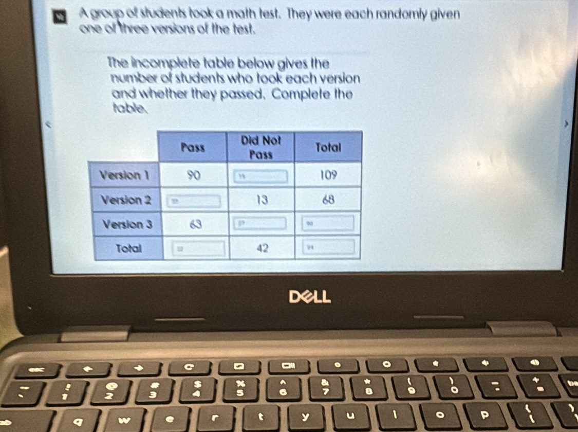 A group of students took a math test. They were each randomly given 
one of three versions of the test. 
The incomplete table below gives the 
number of students who took each version 
and whether they passed, Complete the 
table. 
Dell 
C 
. 。 *
%
: : ( 
: ; 2; 8 5 。 。 : a be 
a w e r t y u 1 。 P 
、