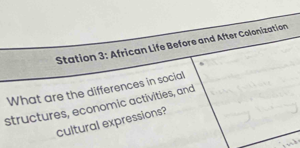 Station 3: African Life Before and After Colonization 
What are the differences in social 
structures, economic activities, and 
cultural expressions?