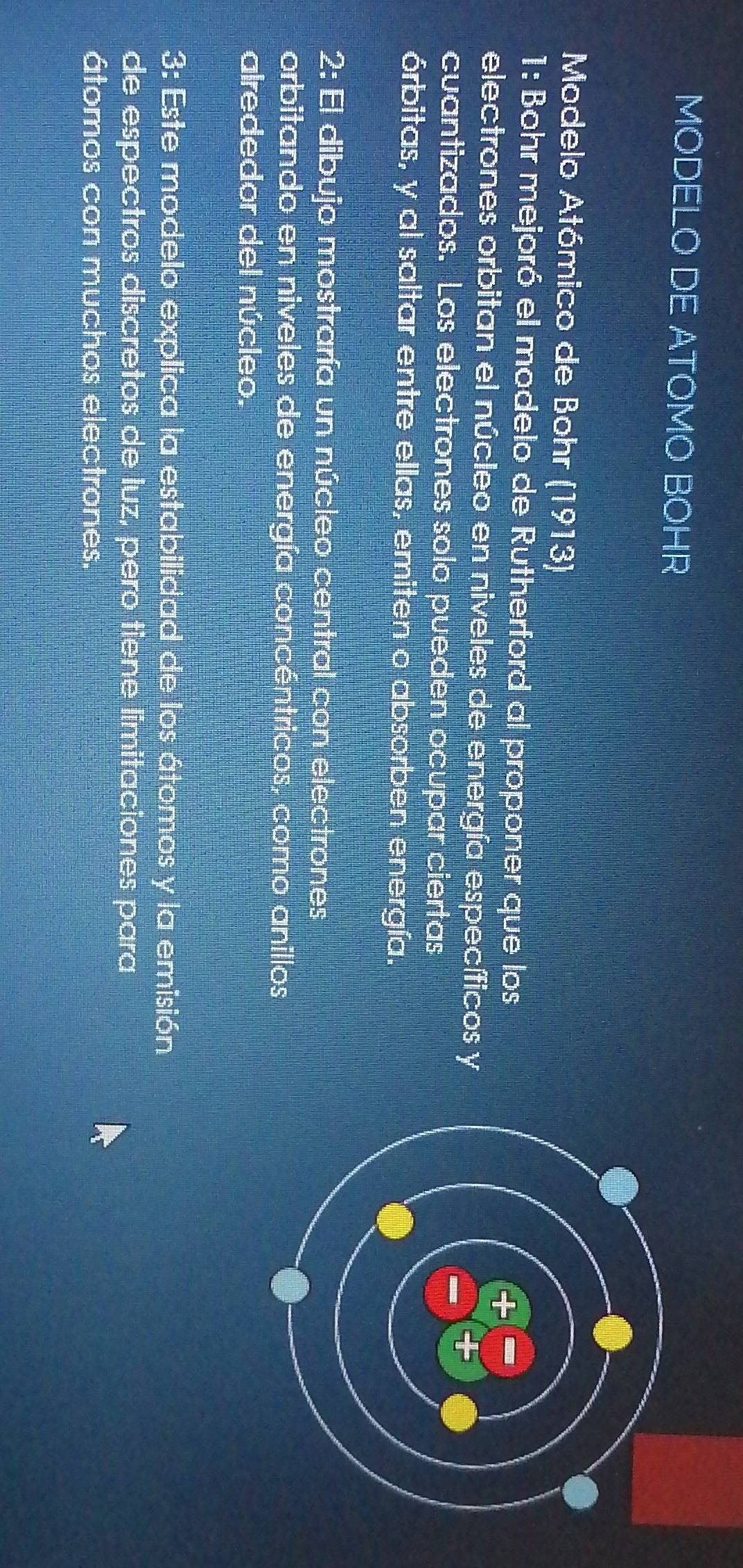 MODELO DE ATOMO BOHR 
Modelo Atómico de Bohr (1913) 
1: Bohr mejoró el modelo de Rutherford al proponer que los 
electrones orbitan el núcleo en niveles de energía específicos y 
cuantizados. Los electrones solo pueden ocupar ciertas 
órbitas, y al saltar entre ellas, emiten o absorben energía. 
2: El dibujo mostraría un núcleo central con electrones 
orbitando en niveles de energía concéntricos, como anillos 
alrededor del núcleo. 
3: Este modelo explica la estabilidad de los átomos y la emisión 
de espectros discretos de luz, pero tiene limitaciones para 
átomos con muchos electrones.