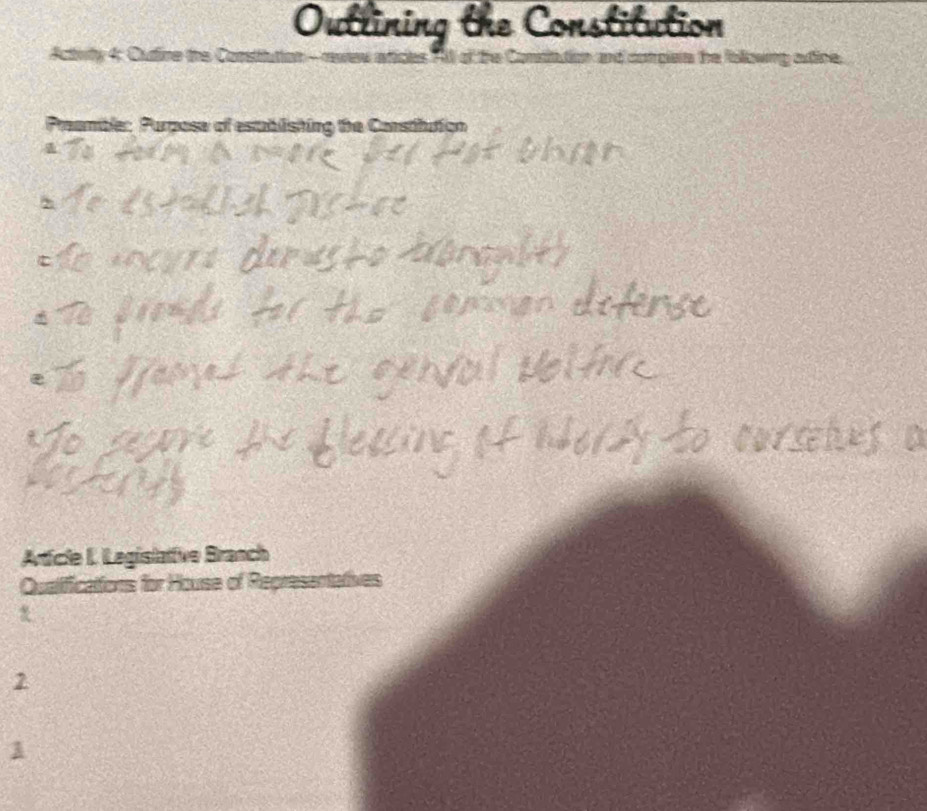 Outlining the Constitution 
Actrity 4: Cutire the tion and complers the folowing outice. 
Preambler: Purpose of establisting the Constitution 
Article L Legislative Branch 
Qualifications for House of Representatives 
2