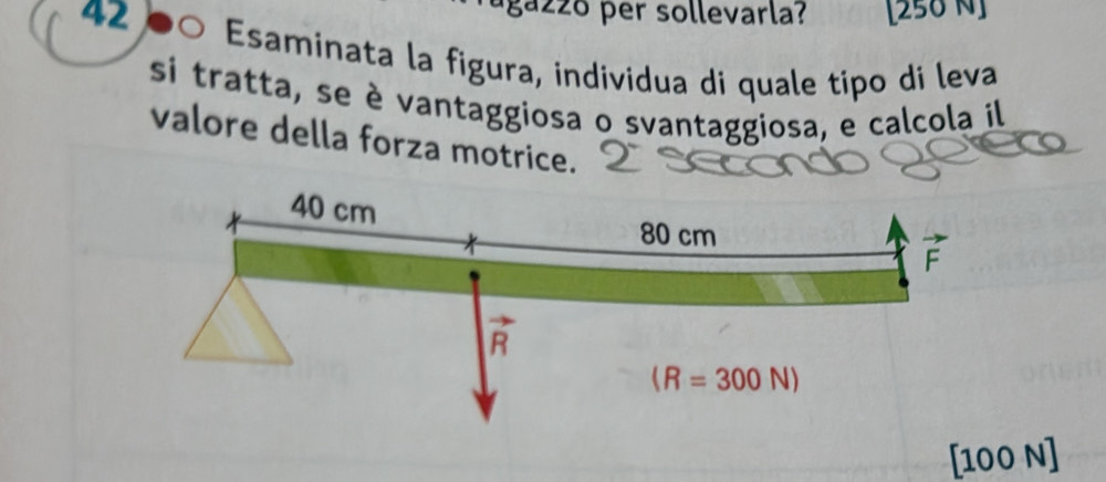 agazzó per sollevarla? [258 N]
42 。  Esaminata la figura, individua di quale tipo dí leva
si tratta, se è vantaggiosa o svantaggiosa, e calcola il
valore della forza motrice.
[100 N]