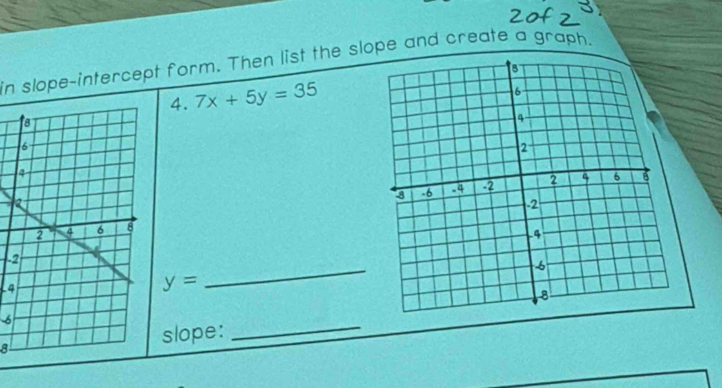 in slope-intercept form. Then list the slope and create a graph. 
4. 7x+5y=35
- 
4
y=
_ 
6 
slope:_ 
8