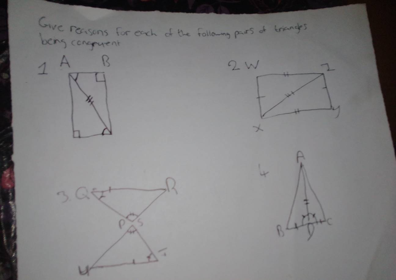 Give reasons for each of the following pars of trianges 
beng congquent 
1 
A 
4 
C 
B D