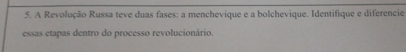 A Revolução Russa teve duas fases: a menchevique e a bolchevique. Identifique e diferencie 
essas etapas dentro do processo revolucionário.