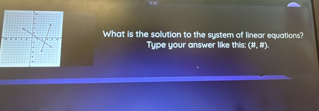 9/12 
What is the solution to the system of linear equations? 
Type your answer like this: (# ,# ).