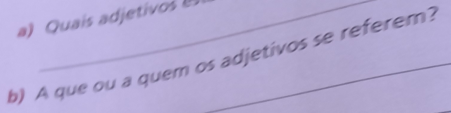 Resolvido:Quaís adjetivos b) A que ou a quem os adjetivos se referem?