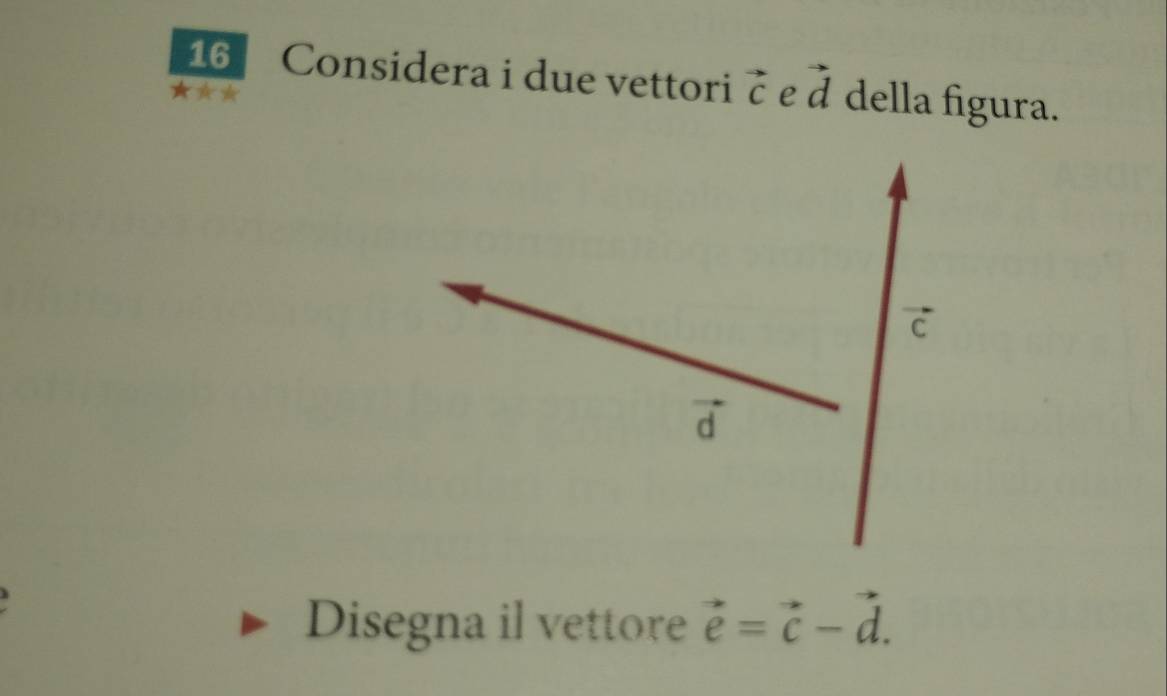 Considera i due vettori vector C e vector d della figura. 
Disegna il vettore vector e=vector c-vector d.