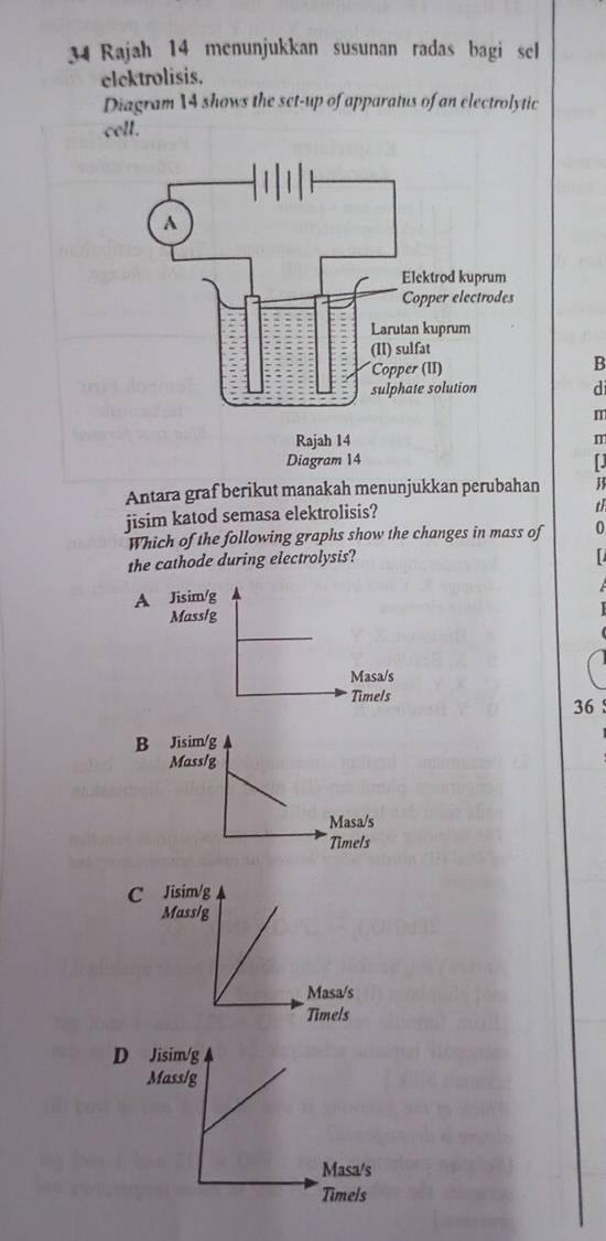 Rajah 14 menunjukkan susunan radas bagi sel
elektrolisis.
Diagram 14 shows the set-up of apparatus of an electrolytic
cell.
B
di
m
m
D
Antara graf berikut manakah menunjukkan perubahan
jisim katod semasa elektrolisis?
th
Which of the following graphs show the changes in mass of 0
the cathode during electrolysis?

A Jisim/g
Mass/g
Masa/s
Timels
36
B
C
D