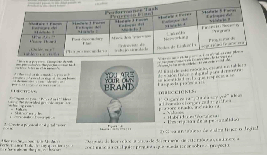 a preview: Complete de 
** proporc 
are provided in the performance ta 
desempeño más adelante en est 
Al final de este módulo, creará un tablero 
section later tn this module. 
create a physical or digital vison boade visión físico o digital para demostrar 
At the end of this madule, you wil 
t demonstrate y ou idenit 
su identidad en lo que respecta a su 
pertains to your career search. 
DIrECTIONS búsqueda profesional 
DIRECCIONES: 
1 Organize your "Who Am 1f° ileas 
) Organiza tu '¡¿Quién soy yo?' ideas 
using the provided graphic organizer . 
incla ding your 
utilizando el organizador gráfico 
Values 
proporcionado, incluído su: 
Skills/StrengthsValores 
Personality Description 
Habilidades/Fortalezas 
Descripción de la personalidad 
2) Create a physical or digital vision 
board aureal Gany (age ) Flgure 1.2 
2) Crea un tablero de visión físico o digital 
After reading about this Modules Después de leer sobre la tarea de desempeño de este módulo, enumere a 
Performance Task, list any questions you 
may have about the project below: continuación cualquier pregunta que pueda tener sobre el proyecto: