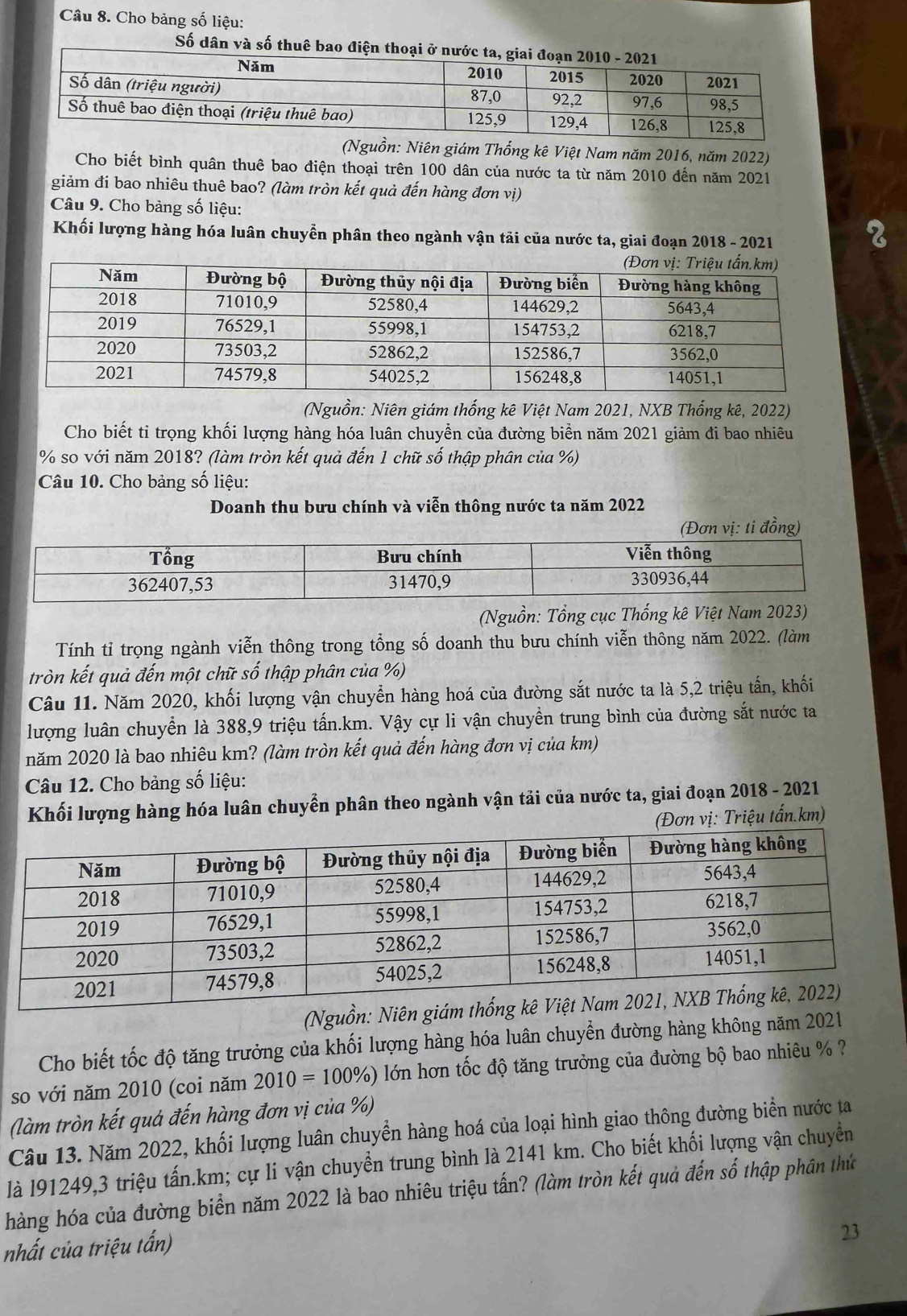 Cho bảng số liệu:
Số dân và số thuê ba
(Nguồn: Niên giám Thống kê Việt Nam năm 2016, năm 2022)
Cho biết bình quân thuê bao điện thoại trên 100 dân của nước ta từ năm 2010 đến năm 2021
giảm đi bao nhiêu thuê bao? (làm tròn kết quả đến hàng đơn vị)
Câu 9. Cho bảng số liệu:
Khối lượng hàng hóa luân chuyễn phân theo ngành vận tải của nước ta, giai đoạn 2018 - 2021
(Nguồn: Niên giám thống kê Việt Nam 2021, NXB Thống kê, 2022)
Cho biết tỉ trọng khối lượng hàng hóa luân chuyền của đường biển năm 2021 giảm đi bao nhiêu
% so với năm 2018? (làm tròn kết quả đến 1 chữ số thập phân của %)
Câu 10. Cho bảng số liệu:
Doanh thu bưu chính và viễn thông nước ta năm 2022
đồng)
(Nguồn: Tổng cục Thống kê Việt Nam 2023)
Tính tỉ trọng ngành viễn thông trong tổng số doanh thu bưu chính viễn thông năm 2022. (làm
tròn kết quả đến một chữ số thập phân của %)
Câu 11. Năm 2020, khối lượng vận chuyển hàng hoá của đường sắt nước ta là 5,2 triệu tấn, khối
lượng luân chuyển là 388,9 triệu tấn.km. Vậy cự li vận chuyền trung bình của đường sắt nước ta
năm 2020 là bao nhiêu km? (làm tròn kết quả đến hàng đơn vị của km)
Câu 12. Cho bảng số liệu:
Khối lượng hàng hóa luân chuyển phân theo ngành vận tải của nước ta, giai đoạn 2018 - 2021
(Đơn vị: Triệu tấn.km)
(Nguồn: N
Cho biết tốc độ tăng trưởng của khối lượng hàng hóa luân chuyển đường hàng không năm 2021
so với năm 2010 (coi năm 2010=100% ) lớn hơn tốc độ tăng trưởng của đường bộ bao nhiêu % ?
(làm tròn kết quả đến hàng đơn vị của %)
Câu 13. Năm 2022, khối lượng luân chuyển hàng hoá của loại hình giao thông đường biển nước ta
là l91249,3 triệu tấn.km; cự li vận chuyển trung bình là 2141 km. Cho biết khối lượng vận chuyển
hàng hóa của đường biển năm 2022 là bao nhiêu triệu tấn? (làm tròn kết quả đến số thập phân thứ
nhất của triệu tấn)
23