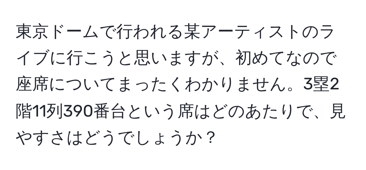 東京ドームで行われる某アーティストのライブに行こうと思いますが、初めてなので座席についてまったくわかりません。3塁2階11列390番台という席はどのあたりで、見やすさはどうでしょうか？