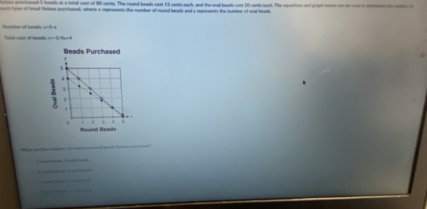 Rey purchased 5 beads at a total cost of 80 cents. The round beads cost 15 cents each, and the oval beads cost 20 cents each. The equations and graph below can be used to detemins te natle 
each type of bead Kelsey purchased, where x represents the number of round beads and y represents the number of oval beads.
Number of beads: y=5-x
Tutal cost o beads: y=3/4x+4
What ar the sgmbers of mund and nal beads Kaley purchesed"
U mand had, 4 wat bah
I wnd hea. I wad beath 
ba