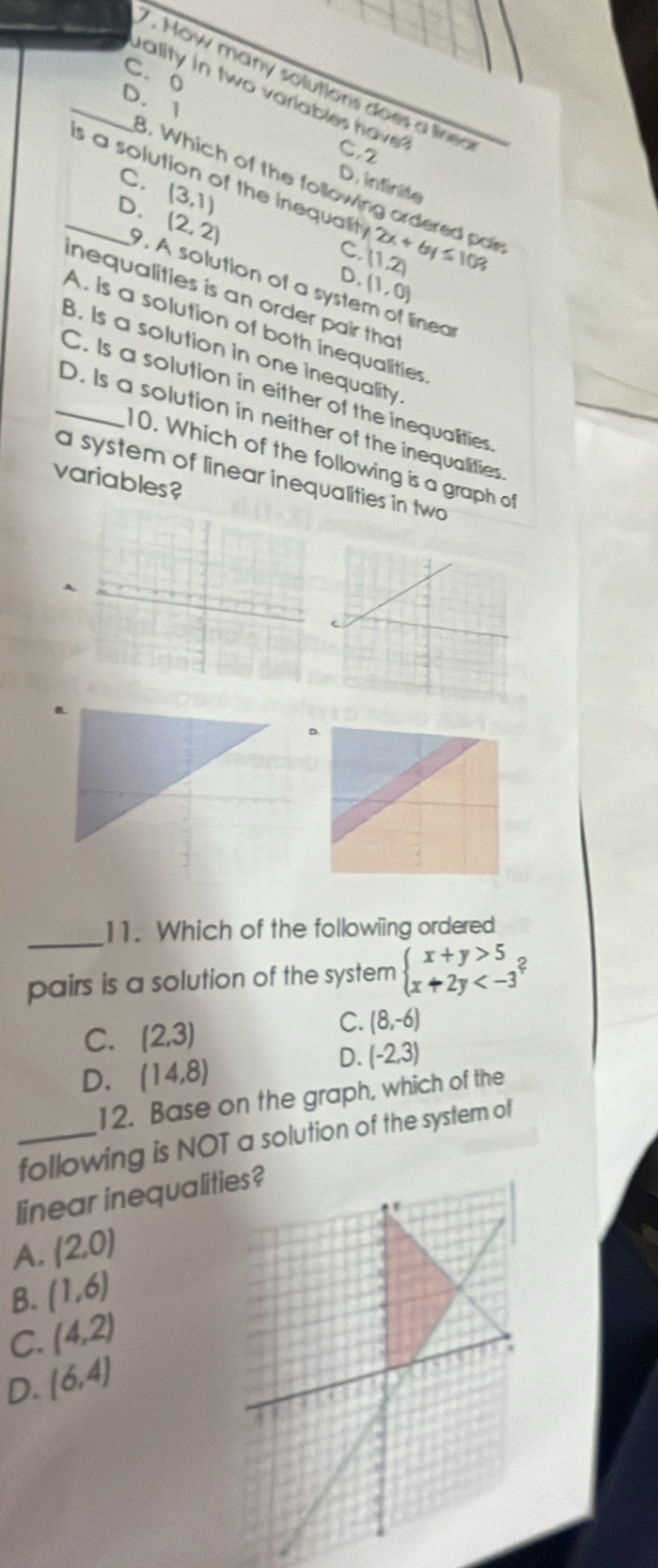C. 0
7. How many solutions does a liner
_ality in two variables have
D. 1
C. 2
_is a solution of the inequallit 2x+6y≤ 10? 
C. (3,1)
D. infinite
. Which of the following ordered pair
D. (2,2)
C. (1,2)
9. A solution of a syste (1,0)
D.
inequalities is an order pair that
linear
A. is a solution of both inequalities
B. Is a solution in one inequality
C. Is a solution in either of the inequallities
_D. Is a solution in neither of the inequalifies
10. Which of the following is a graph of
a system of linear inequalities in two
variables?
A
D
_
11. Which of the followiing ordered
pairs is a solution of the system beginarrayl x+y>5 x+2y a
C. (2,3)
C. (8,-6)
D. (14,8)
D. (-2,3)
12. Base on the graph, which of the
_following is NOT a solution of the system of
linear inequalit
A. (2,0)
B. (1,6)
C. (4,2)
D. (6,4)