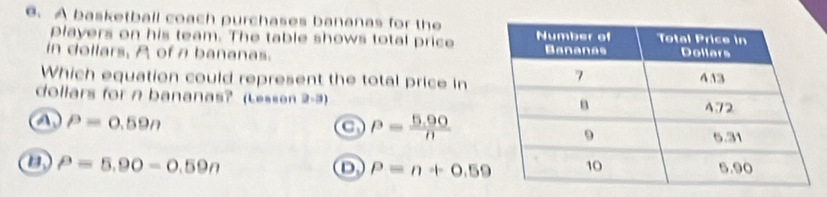 A basketball coach purchases bananas for the
players on his team. The table shows total price
in dollars, A of n bananas. 
Which equation could represent the total price in
dollars for n bananas? (Lesson 2-3)
a P=0.59n
a P= (5.90)/n 
P=5.90-0.59n
D P=n+0.59