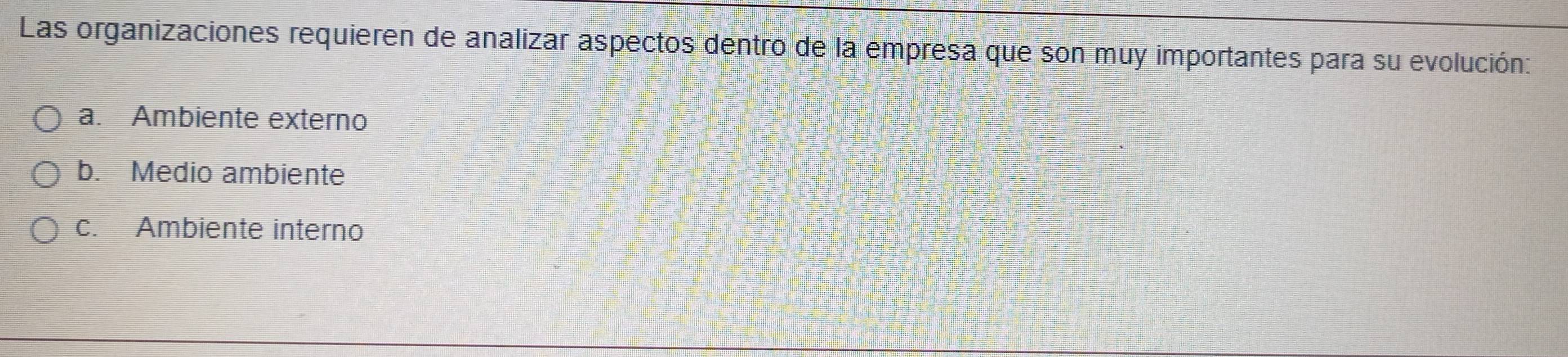 Las organizaciones requieren de analizar aspectos dentro de la empresa que son muy importantes para su evolución:
a. Ambiente externo
b. Medio ambiente
c. Ambiente interno