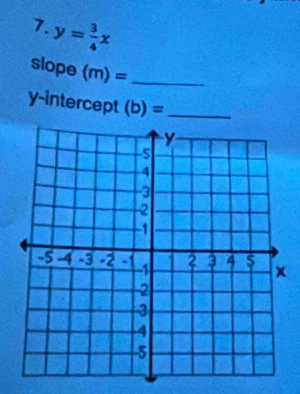 y= 3/4 x
slope (m)= _ 
y-intercept (b)= _