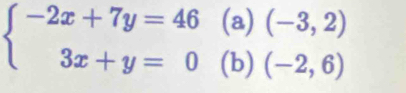 (-3,2)
beginarrayl -2x+7y=46 3x+y=0endarray. (b) (-2,6)