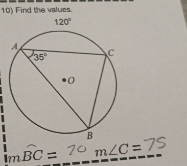 Find the values.
moverline BC= m∠ C=