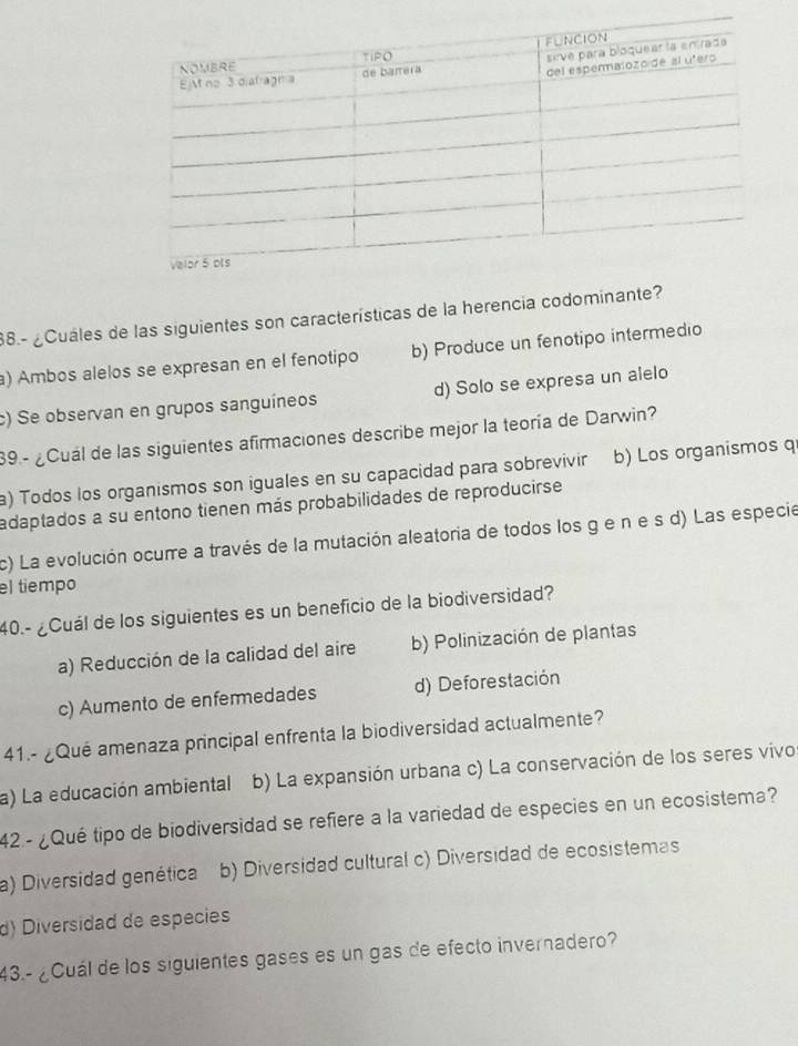 88.- ¿Cuáles de las siguientes son características de la herencia codomina
) Ambos alelos se expresan en el fenotipo b) Produce un fenotipo intermedio
c) Se observan en grupos sanguíneos d) Solo se expresa un alelo
39.- ¿Cuál de las siguientes afirmaciones describe mejor la teoría de Darwin?
a) Todos los organismos son iguales en su capacidad para sobrevivir b) Los organismos q
adaptados a su entono tienen más probabilidades de reproducirse
c) La evolución ocurre a través de la mutación aleatoria de todos los g e n e s d) Las especie
el tiempo
40.- ¿Cuál de los siguientes es un beneficio de la biodiversidad?
a) Reducción de la calidad del aire b) Polinización de plantas
c) Aumento de enfermedades d) Deforestación
41.- ¿Qué amenaza principal enfrenta la biodiversidad actualmente?
a) La educación ambiental b) La expansión urbana c) La conservación de los seres vivos
42.- ¿Qué tipo de biodiversidad se refiere a la variedad de especies en un ecosistema?
a) Diversidad genética b) Diversidad cultural c) Diversidad de ecosistemas
d) Diversidad de espécies
43.- ¿Cuál de los siguientes gases es un gas de efecto invernadero?