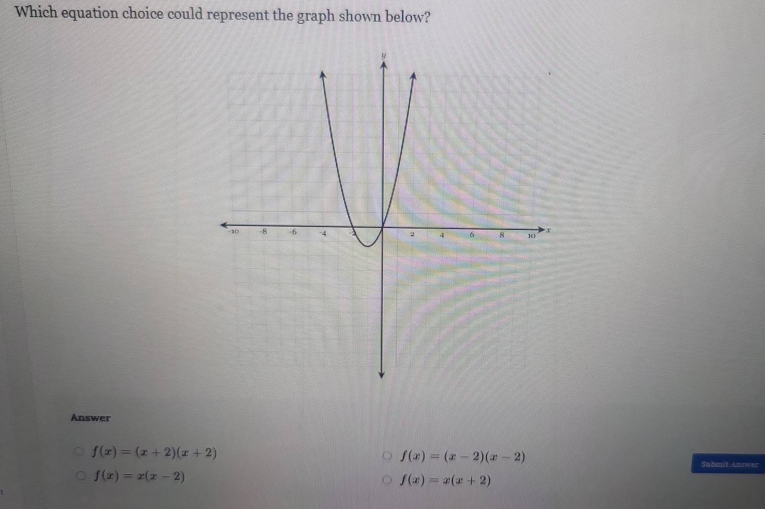 Which equation choice could represent the graph shown below?
Answer
f(x)=(x-2)(x-2)
Submit Answer
f(x)=(x+2)(x+2) ( 3 f(x)=x(x+2)
f(x)=x(x-2)