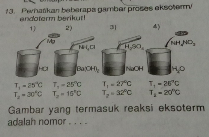 Perhatikan beberapa gambar proses eksoterm/ 
endoterm berikut! 
1) 2) 3) 4)
Mg
NH_4Cl H_2SO_4
NH_4NO_3
HCl Ba(OH)_2 NaOH H_2O
T_1=25^oC T_1=25^oC T_1=27°C T_1=26^oC
T_2=30^oC T_2=15°C T_2=32°C T_2=20°C
Gambar yang termasuk reaksi eksoterm 
adalah nomor . . . .