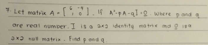 Let matrix A=beginbmatrix 6&-4 1&0endbmatrix. If A^2-pA-qI=_ 0 Where pand q
are real number. I is a 2* 2 identity matrix and 0 i8a
2* 2 null matrix. Find p and q.