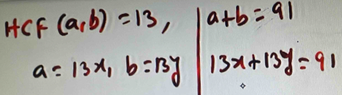 HCF (a,b)=13, a+b=91
a=13x, b=13y 13x+13y=91