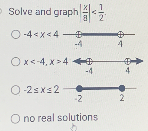 Solve and graph | x/8 | .
-4
x , x>4
-4 4
-2≤ x≤ 2
-2
2
no real solutions