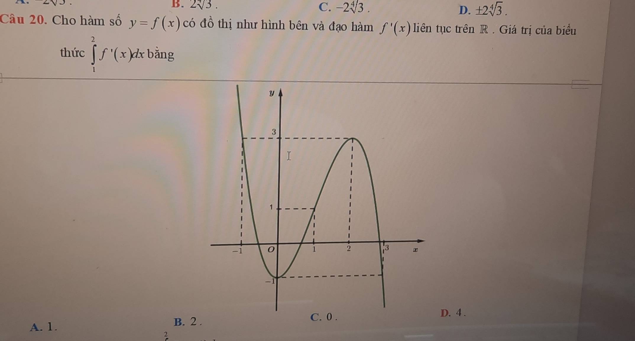 B. 2sqrt[4](3). C. -2sqrt[4](3). D. ± 2sqrt[4](3). 
Câu 20. Cho hàm số y=f(x) có đồ thị như hình bên và đạo hàm f'(x) liên tục trên R. Giá trị của biểu
thức ∈tlimits _1^2f'(x)dxbing
D. 4.
A. 1.
B. 2.
2