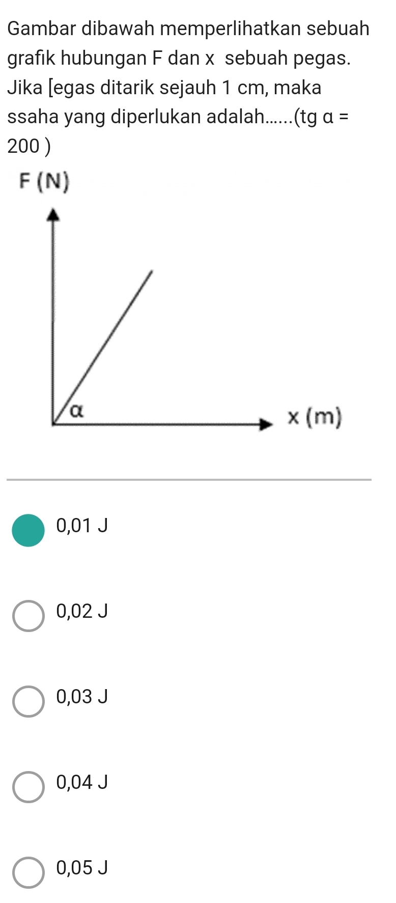 Gambar dibawah memperlihatkan sebuah
grafik hubungan F dan x sebuah pegas.
Jika [egas ditarik sejauh 1 cm, maka
ssaha yang diperlukan adalah......(tg a=
200 )
0,01 J
0,02 J
0,03 J
0,04 J
0,05 J