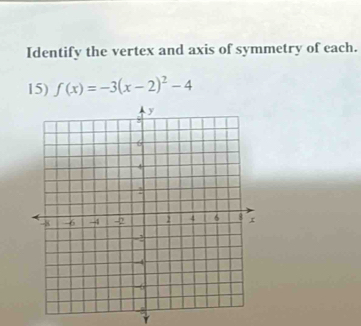 Identify the vertex and axis of symmetry of each. 
15) f(x)=-3(x-2)^2-4