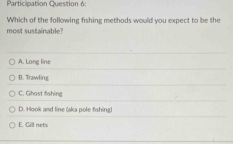 Participation Question 6:
Which of the following fishing methods would you expect to be the
most sustainable?
A. Long line
B. Trawling
C. Ghost fishing
D. Hook and line (aka pole fshing)
E. Gill nets