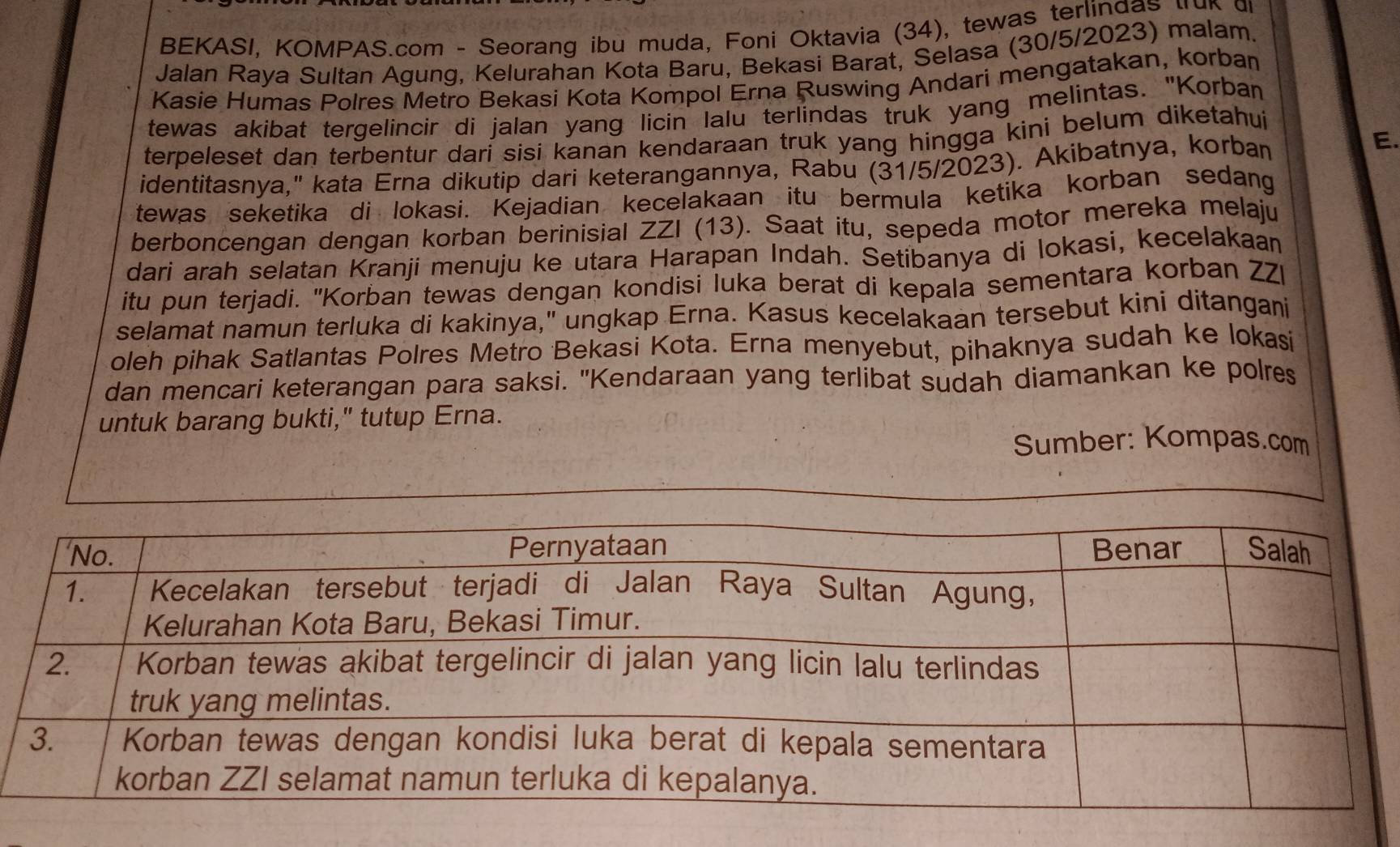 BEKASI, KOMPAS.com - Seorang ibu muda, Foni Oktavia (34), tewas terlindas truk d 
Jalan Raya Sultan Agung, Kelurahan Kota Baru, Bekasi Barat, Selasa (30/5/2023) malam. 
Kasie Humas Polres Metro Bekasi Kota Kompol Erna Ruswing Andari mengatakan, korban 
tewas akibat tergelincir di jalan yang licin lalu terlindas truk yang melintas. "Korban 
terpeleset dan terbentur dari sisi kanan kendaraan truk yang hingga kini belum diketahui 
identitasnya," kata Erna dikutip dari keterangannya, Rabu (31/5/2023). Akibatnya, korban 
E. 
tewas seketika di lokasi. Kejadian kecelakaan itu bermula ketika korban sedang 
berboncengan dengan korban berinisial ZZI (13). Saat itu, sepeda motor mereka melaju 
dari arah selatan Kranji menuju ke utara Harapan Indah. Setibanya di lokasi, kecelakaan 
itu pun terjadi. 'Korban tewas dengan kondisi luka berat di kepala sementara korban ZZ 
selamat namun terluka di kakinya," ungkap Erna_Kasus kecelakaan tersebut kini ditangani 
oleh pihak Satlantas Polres Metro Bekasi Kota. Erna menyebut, pihaknya sudah ke lokasi 
dan mencari keterangan para saksi. "Kendaraan yang terlibat sudah diamankan ke polres 
untuk barang bukti," tutup Erna. 
Sumber: Kompas.com