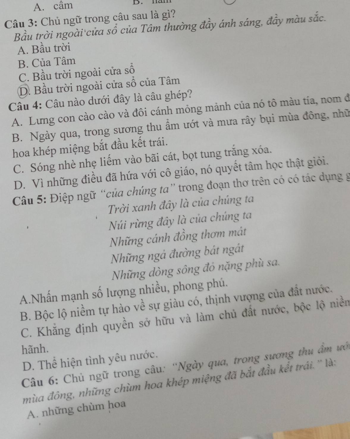 A. cầm D. nan
Câu 3: Chủ ngữ trong câu sau là gì?
Bầu trời ngoài cửa sổ của Tâm thường đầy ánh sáng, đầy màu sắc.
A. Bầu trời
B. Của Tâm
C. Bầu trời ngoài cửa sổ
D. Bầu trời ngoài cửa sổ của Tâm
Câu 4: Câu nào dưới đây là câu ghép?
A. Lưng con cào cào và đôi cánh mỏng mảnh của nó tô màu tía, nom đ
B. Ngày qua, trong sương thu ẩm ướt và mưa rây bụi mùa đông, nhữ
hoa khép miệng bắt đầu kết trái.
C. Sóng nhè nhẹ liếm vào bãi cát, bọt tung trắng xóa.
D. Vì những điều đã hứa với cô giáo, nó quyết tâm học thật giỏi.
Câu 5: Điệp ngữ “của chúng ta” trong đoạn thơ trên có có tác dụng g
Trời xanh đây là của chúng ta
Núi rừng đây là của chúng ta
Những cánh đồng thơm mát
Những ngả đường bát ngát
Những dòng sông đỏ nặng phù sa.
A.Nhấn mạnh số lượng nhiều, phong phú.
B. Bộc lộ niềm tự hào về sự giàu có, thịnh vượng của đất nước.
C. Khẳng định quyền sở hữu và làm chủ đất nước, bộc lộ niền
hãnh.
D. Thể hiện tình yêu nước.
Câu 6: Chủ ngữ trong câu: 'Ngày qua, trong sương thu âm ướ
mùa đông, những chùm hoa khép miệng đã bắt đầu kết trái. '' là:
A. những chùm hoa