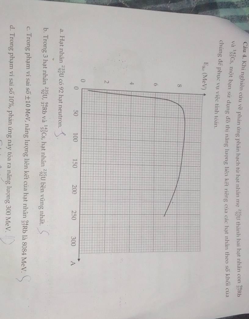 Khi nghiên cứu về phản ứng phân hạch từ hạt nhân mẹ  235/92  U thành hai hạt nhân con _(37)^(94)I Rb
và _5^((14)frac 2)5Cs 5, một bạn sử dụng đồ thị năng lượng liên kết riêng của các hạt nhân theo số khối của
chúng để phục vụ việc tính toán.
a. Hạt nhân _(92)^(235)U có 92 hạt neutron.
b. Trong 3 hạt nhân _(92)^(235)U,_(37)^(94)Rb và _(55)^(142)C_S;, hạt nhân _(92)^(235)U bền vũng nhất.
c. Trong phạm vi sai s shat O± 10 MeV, năng lượng liên kết của hạt nhân beginarrayr 94 37endarray Rb là 8084 MeV.
d. Trong phạm vi sai số 10%, phản ứng này tỏa ra năng lượng 300 MeV.