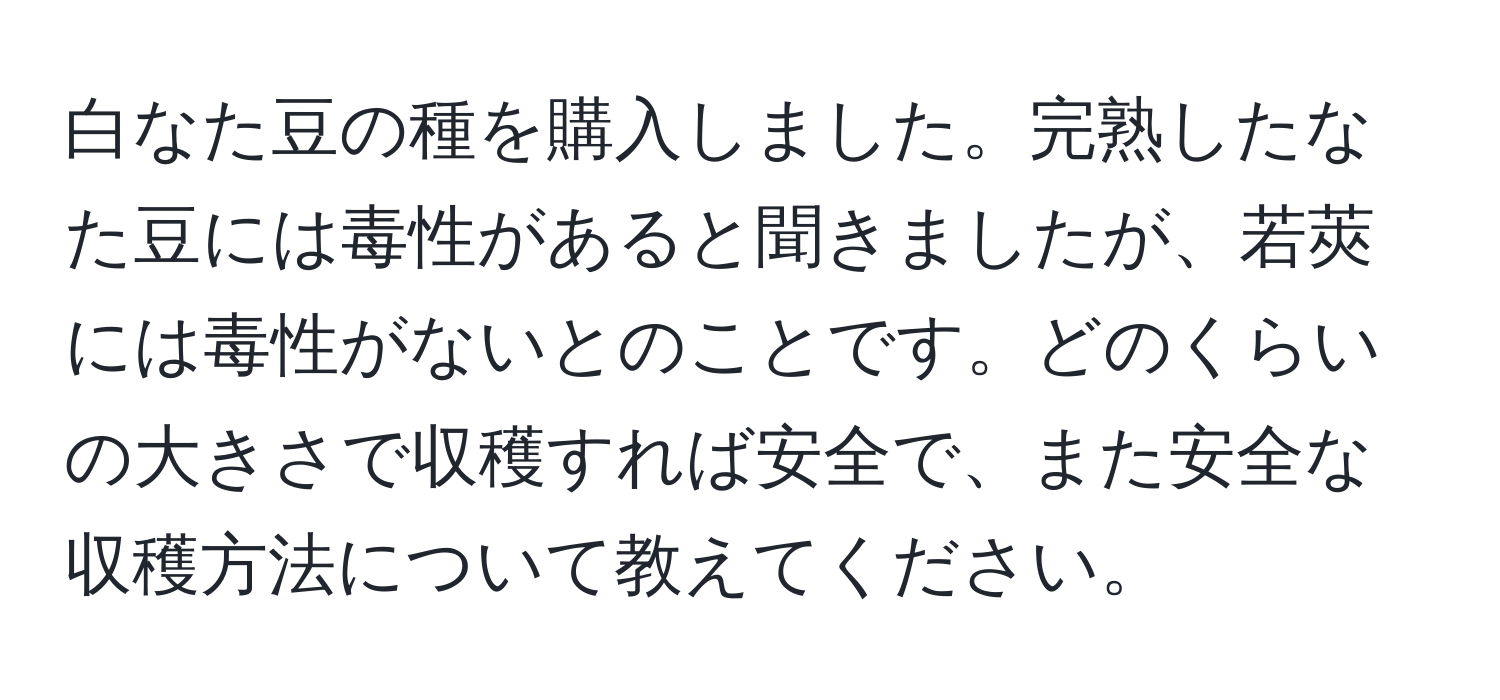 白なた豆の種を購入しました。完熟したなた豆には毒性があると聞きましたが、若莢には毒性がないとのことです。どのくらいの大きさで収穫すれば安全で、また安全な収穫方法について教えてください。