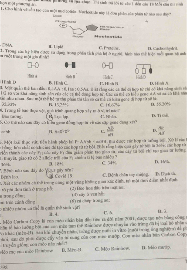 họn một phương án. Thều phường ăn lựa chọn. Thí sinh trà lời từ câu 1 đến câu 18 Mỗi câu thí sinh
1. Cho hình vẽ cấu tạo của một nucieotide. Nucleotide này là đơn phân của phân tứ nào sau dây?
E  
Phosphate
p Nitrogenous
Suger Nucleotide
DNA. B. Lipid. C. Proteine. D. Cacbonhydrit.
2. Trong các ký hiệu được sử dụng trong phân tích phả hệ ở người, hình nào thể hiện mối quan hệ anh
m ruột trong một gia đình?
Hình A Hinh B Hình C Hinhs D
Hình D B. Hình C. C. Hình B. D. Hình A.
3. Một quần thể ban đầu: 0,4AA : 0,1aa : 0,5Aa. Biết rằng các cá thể đị hợp tử chi có khả năng sinh sá
1/2 so với khả năng sinh sản của các cá thể đông hợp tử. Các cá thể có kiêu gene AA và aa có khả năn
sản như nhau. Sau một thế hệ tự thụ phần thì tần số cá thể có kiểu gene đị hợp tử sẽ là:
35.33% B. 13,25% C. 16,67% D. 55.20%
4. Trong tế bào thực vật, quá trình quang hợp xảy ra ở vị trí nào?
Bào tương. Bị Lục lạp. C. Nhân. D. Tí thể.
5. Cơ thể nảo sau đây có kiểu gene đồng hợp tứ về các cặp gene đang xét?
D.
aabb. B. AaX^bX^b C.  AB/aB   Ab/AB .
5. Một loài thực vật, tiến hành phép lai ! P· AAbb* aaBB 5, thu được các hợp tử lưỡng bội. Xử lí các
bằng hóa chất colchicine đề tạo các hợp tử tứ bội. Biết răng hiệu quả gây tứ bội là 36%; các hợp tứ
triển thành các cây F_1; các cây F_1 đều giâm phân tạo giao tử, các cây tứ bội chi tạo giao tứ lưỡng
lí thuyết, giao tử có 2 allele trội của F_1 chiếm tí lệ bao nhiêu ?
36%. B. 18%. C. 34%. D. 16%.
T. Bệnh nào sau đây do Virus gây nên?
Bệnh lao. B Covid 19. C. Bệnh chân tay miệng. D. Dịch tá.
S. Xét các nhóm cá thể trong cùng một vùng không gian xác định, tại một thời điểm nhất định
rô phí đơn tính ở trong hồ; (2) Bèo hoa dâu trên mặt ao;
n trong đầm; (4) cây ở ven hồ;
im trên cánh đồng (6) cá chép trong ao;
o nhiêu nhóm cá thể là quần thể sinh vật? D. 3.
1.
B. 4. C. 6.
A Mèo Carbon Copy là con mèo nhân bản đầu tiên ra đời năm 2001, được tạo nên bằng công
thân tế bảo lưỡng bội của con mèo tam thế Rainbow được chuyển vào trứng đã bị loại bộ nhân ở
Seo khác (mèo-B). Sau khi chuyển nhân, trứng được nuôi in vitro (nuôi trong ống nghiệm) để ph
phôi, sau đó phối được cấy vào tử cung của con mèo mướp. Con mèo nhân bản Carbon Copy
i truyền giống con mèo nào nhất?
Mèo mẹ của mèo Rainbow B. Mèo-B. C. Mèo Rainbow. D. Mèo mướp.
298