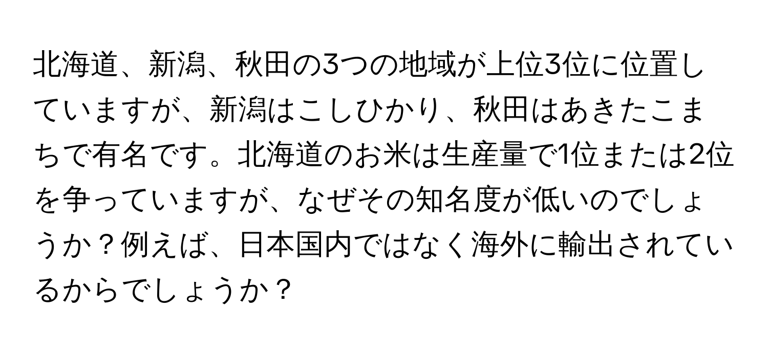 北海道、新潟、秋田の3つの地域が上位3位に位置していますが、新潟はこしひかり、秋田はあきたこまちで有名です。北海道のお米は生産量で1位または2位を争っていますが、なぜその知名度が低いのでしょうか？例えば、日本国内ではなく海外に輸出されているからでしょうか？