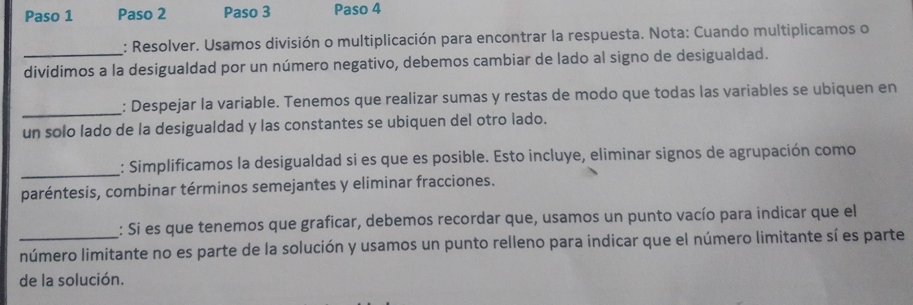 Paso 1 Paso 2 Paso 3 Paso 4 
_ 
: Resolver. Usamos división o multiplicación para encontrar la respuesta. Nota: Cuando multiplicamos o 
dividimos a la desigualdad por un número negativo, debemos cambiar de lado al signo de desigualdad. 
_ 
: Despejar la variable. Tenemos que realizar sumas y restas de modo que todas las variables se ubiquen en 
un solo lado de la desigualdad y las constantes se ubiquen del otro lado. 
_: Simplificamos la desigualdad si es que es posible. Esto incluye, eliminar signos de agrupación como 
paréntesis, combinar términos semejantes y eliminar fracciones. 
: Si es que tenemos que graficar, debemos recordar que, usamos un punto vacío para indicar que el 
_número limitante no es parte de la solución y usamos un punto relleno para indicar que el número limitante sí es parte 
de la solución.