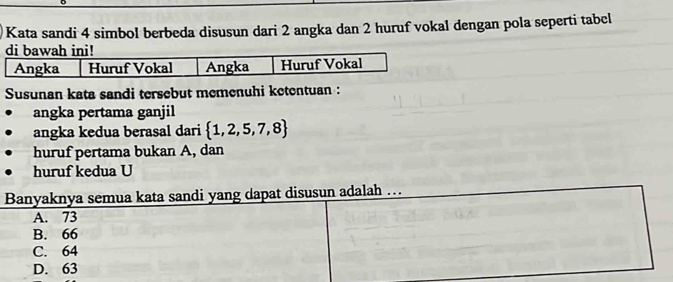 Kata sandi 4 simbol berbeda disusun dari 2 angka dan 2 huruf vokal dengan pola seperti tabcl
di bawah ini!
Angka Huruf Vokal Angka Huruf Vokal
Susunan kata sandi tersebut memenuhi ketentuan :
angka pertama ganjil
angka kedua berasal dari  1,2,5,7,8
huruf pertama bukan A, dan
huruf kedua U
Banyaknya semua kata sandi yang dapat disusun adalah …
A. 73
B. 66
C. 64
D. 63