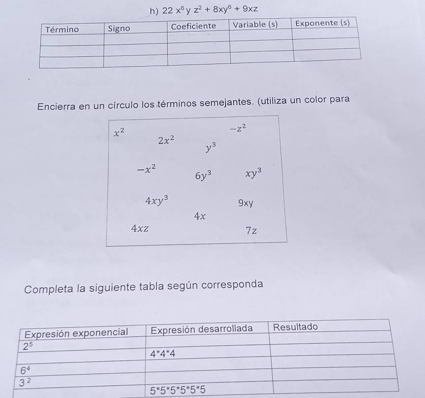 22x^6yz^2+8xy^6+9xz
Encierra en un círculo los términos semejantes. (utiliza un color para
Completa la siguiente tabla según corresponda