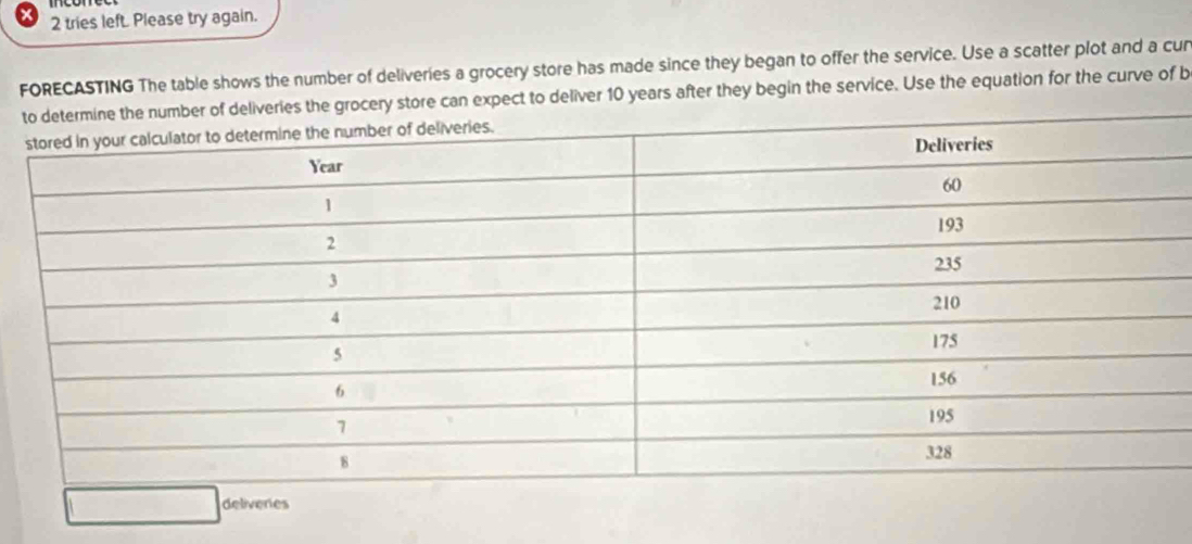 tries left. Please try again. 
FORECASTING The table shows the number of deliveries a grocery store has made since they began to offer the service. Use a scatter plot and a cur 
rocery store can expect to deliver 10 years after they begin the service. Use the equation for the curve of b 
deliveres