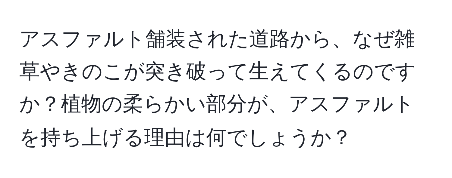 アスファルト舗装された道路から、なぜ雑草やきのこが突き破って生えてくるのですか？植物の柔らかい部分が、アスファルトを持ち上げる理由は何でしょうか？