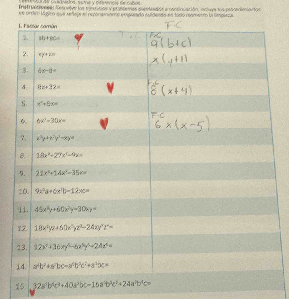 cnerencia de cuoradós, suma y deerencia de cubos.
Instrucciones: Resuelve los ejercicios y problemas planteados a continuación, incleye tus procedimientos
en orden lógico que refleje el razonamiento empleado culdando en todo momento la limpieza.
15.