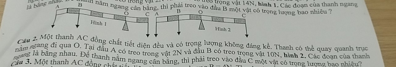 trong v ậ 1e6 trọng vật 14N, hình 1. Các đoạn của thanh ngang 
làng nhâu, ănm nămọng lượng bao nhiều ? 
Cầug chất tiết diện đều và có trọng lượng không đáng kể. Thanh có thể quay quanh trục 
năm ngang đi qua O. Tại đầu A có treo trong vật 2N và đầu B có treo trọng vật 10N, hình 2. Các đoạn của thanh 
ngang là bằng nhau. Để thanh nằm ngang cân bằng, thì phải treo vào đầu C một vật có trọng lương bao nhiều? 
cầu 3. Một thanh AC đồng chán nà